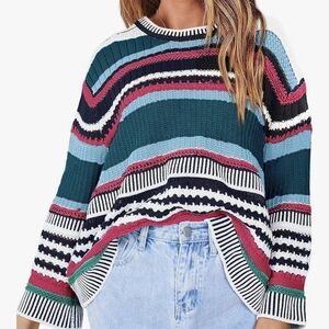 Striped Color Block Short Sweater Long Sleeve Crew Neck Loose Women's Large